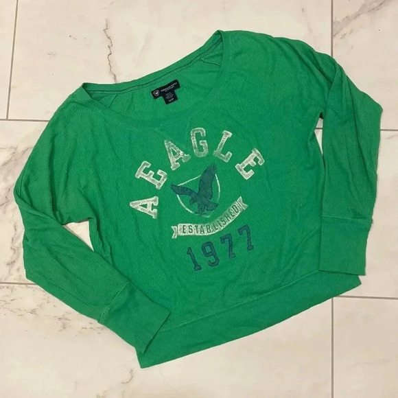 American Eagle Outfitters Vintage Ribbed Green Pullover Logo Front Crewneck S - Picture 1 of 7